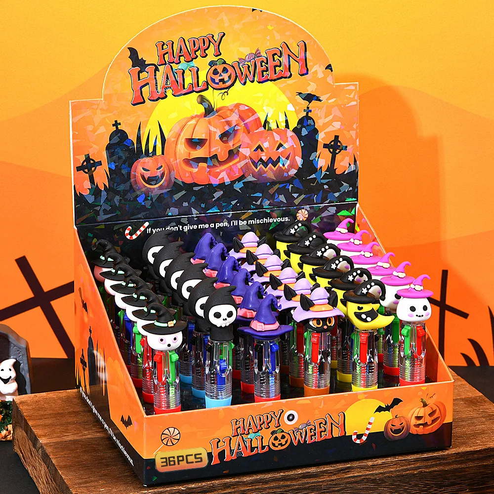 

36 шт./кор. кавайная четырехцветная шариковая ручка на Хэллоуин, мини-милая мультяшная цветная ручка в виде тыквы, школьные канцелярские принадлежности, подарок для детей