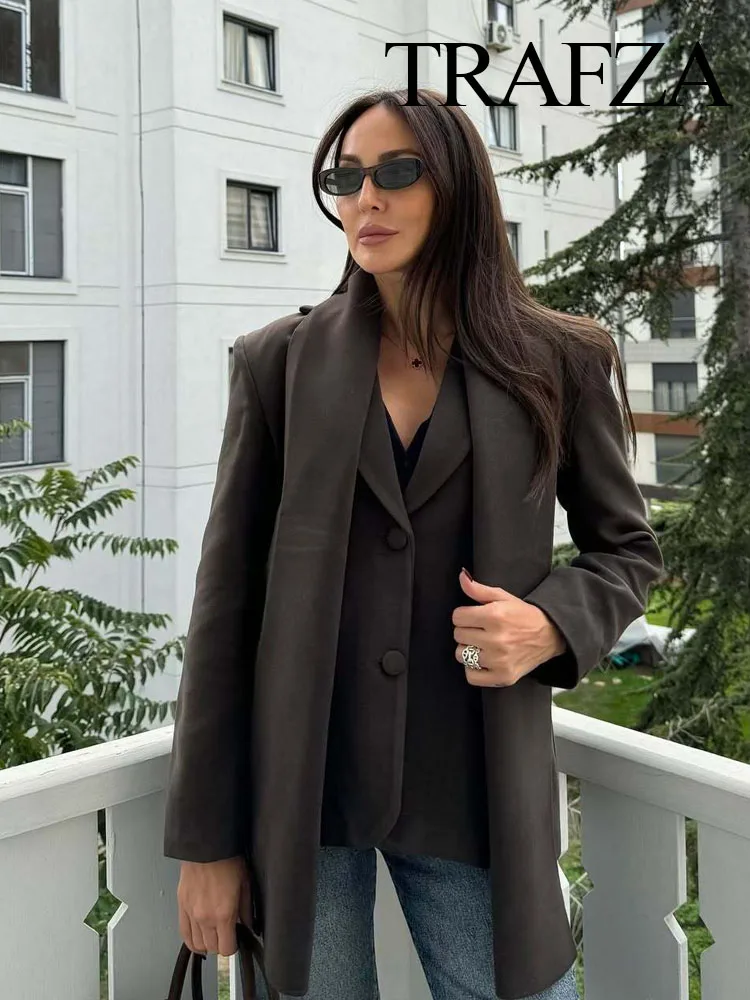 TRAFZA, chaqueta holgada de manga larga con bolsillo y una hilera de botones para mujer, abrigo con solapa a la moda para invierno