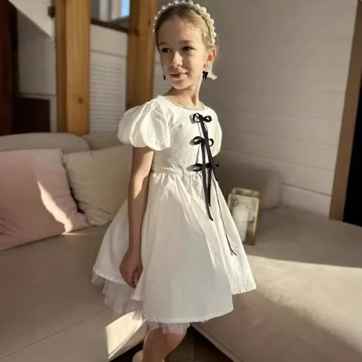 2024  Girls Summer Cotton and Hemp Bow Skirt with Gold Edge Collar Fashion Princess Dress