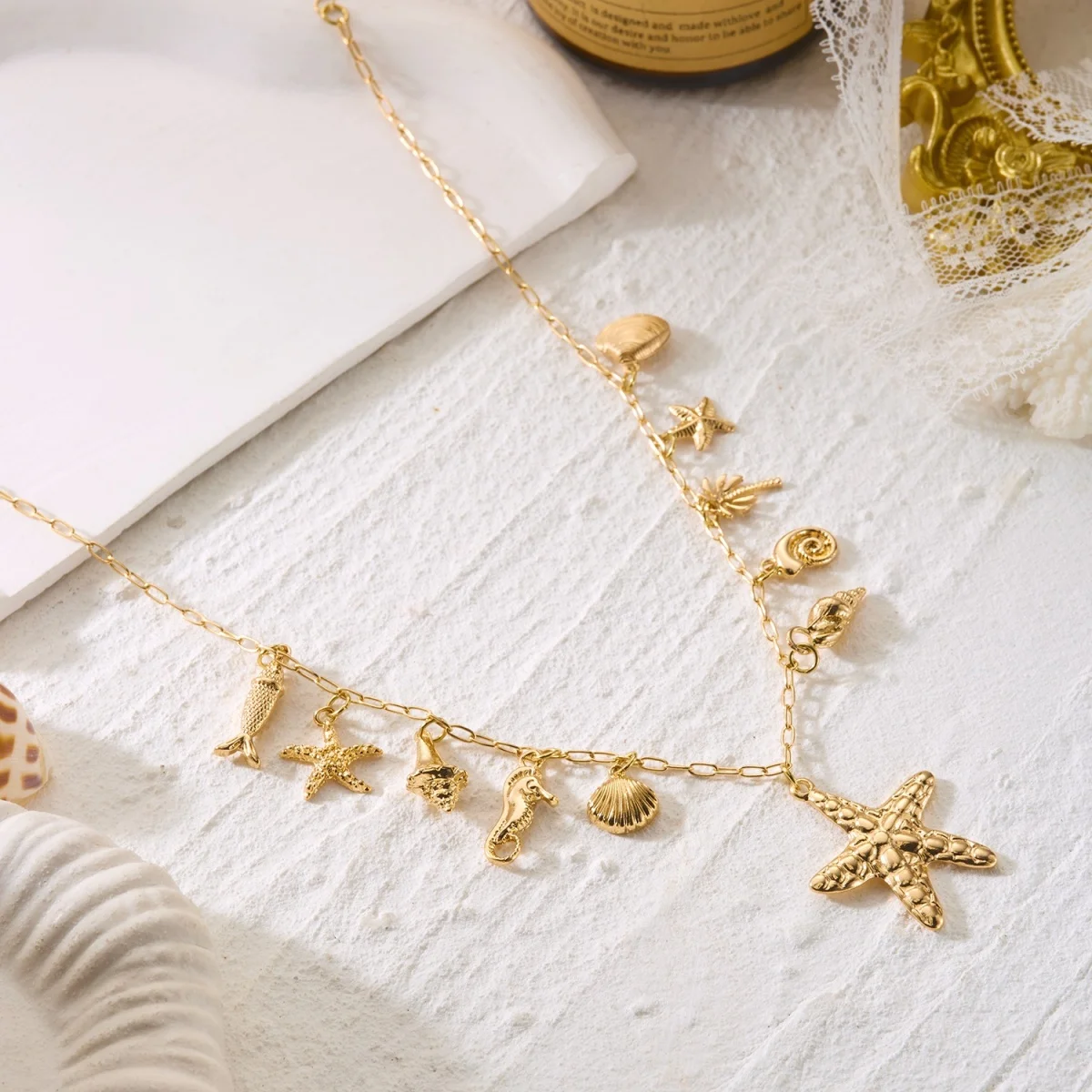 Boho Küsten-Halskette mit Seestern, Muschel, Seepferdchen, Schnecke, Fisch, Kokosnussbaum-Anhänger für Damen und Herren, Sonnen-Hummer-Choker, Sommer-Schmuck – Detail 17