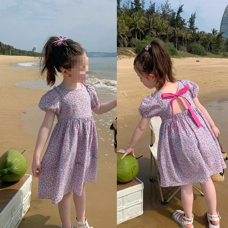 Girls' Dress Round Neck Tie Puff Sleeve Princess Dress25Summer New Foreign Trade Children's Wear Delivery