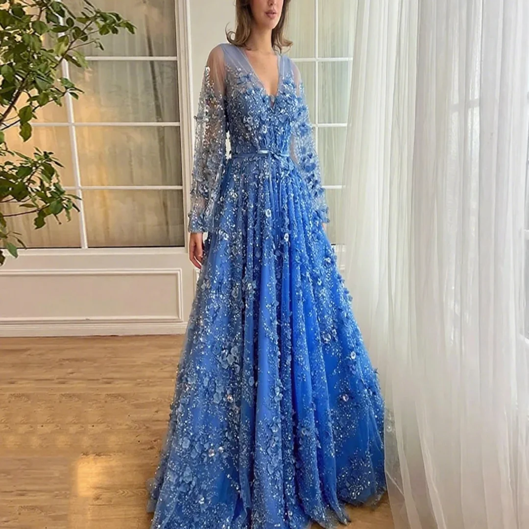 

Customized exquisite lace evening dress with V-neck, beaded sequins and A-line silhouette for ladies' formal wear