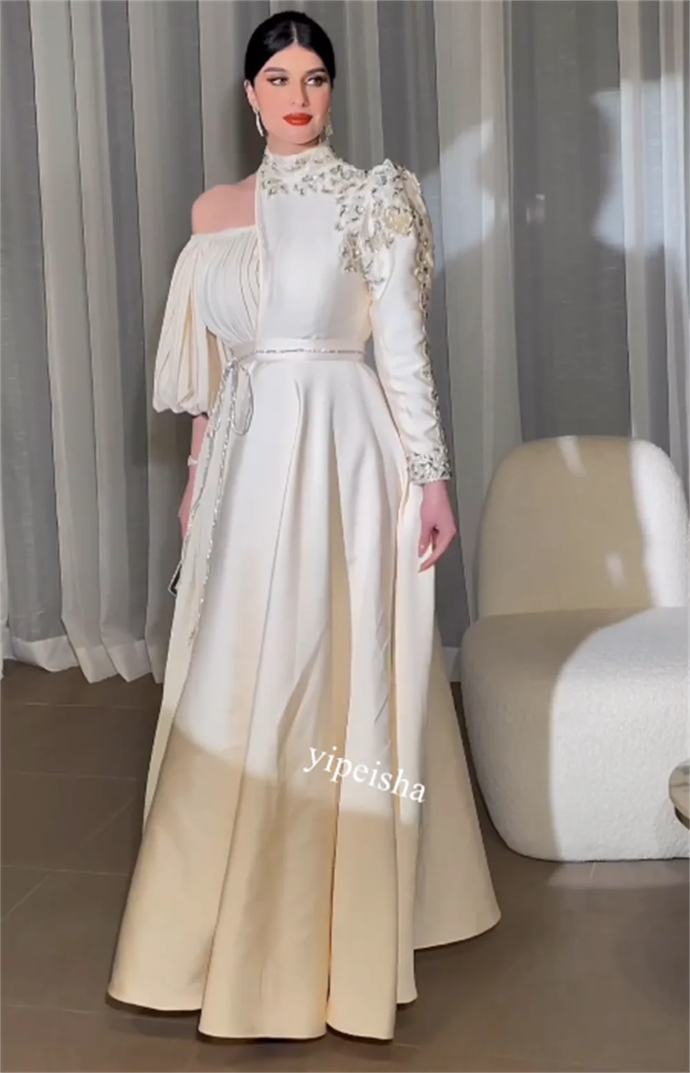 Customized Jersey Flower Sequined Beading Draped Valentine\'s Day A-line High Collar Bespoke Occasion Gown Long Dresses
