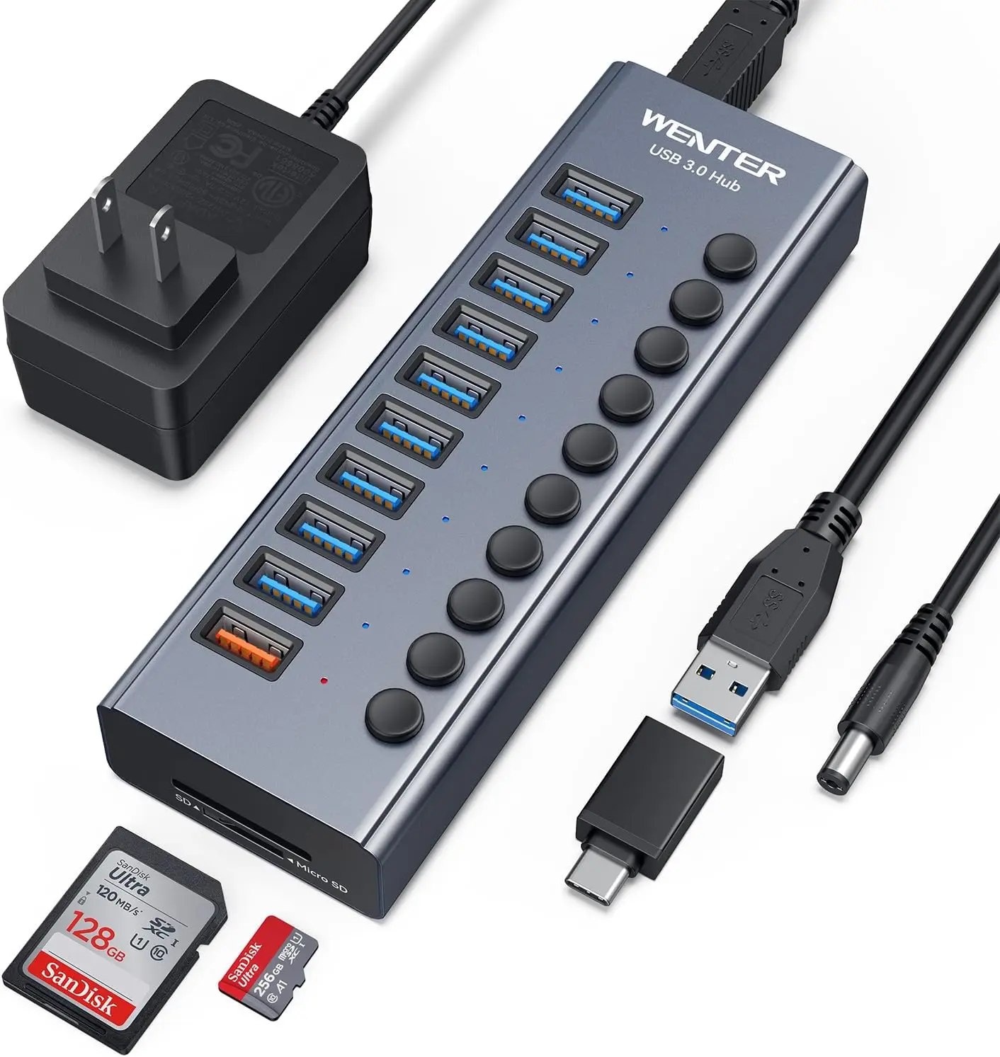 

10-портовый USB 3.0 хаб с кардридером SD/TF, быстрой зарядкой, из алюминиевого сплава для ПК/ноутбука