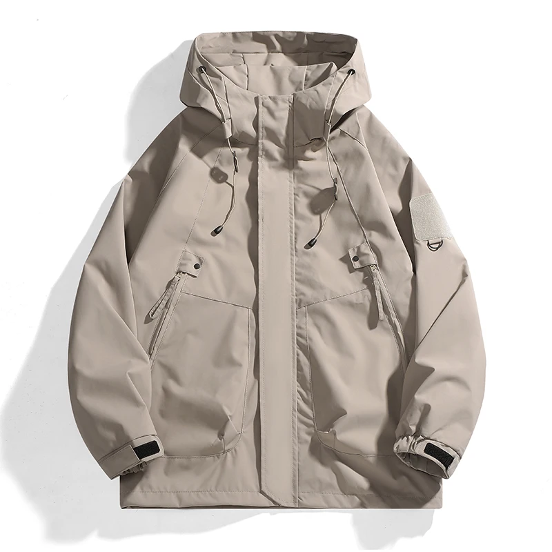 Jaqueta Corta-Vento Masculina com Capuz, Casaco com Zíper, Estilo Cargo, Impermeável, Preta, Bomber, para Camping, Solta, Fina, Softshell, Jaqueta de Caminhada com Capuz