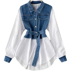 SuperAen Korean Style Denim Fake Two-piece Long-sleeved Shirt Design High Waist Fashion Chic Top Shirts