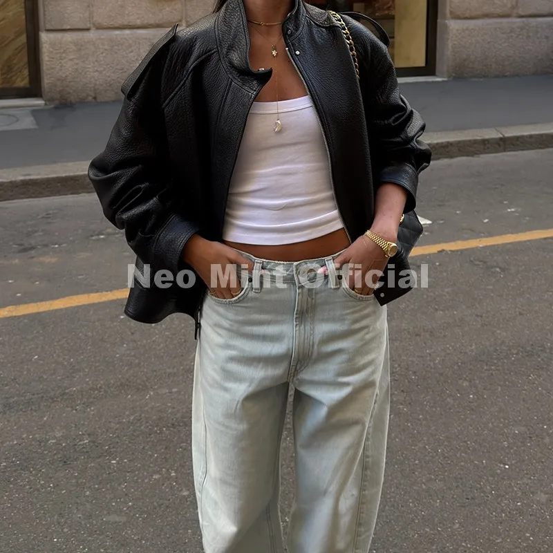 Neo Mint Autumn 2026 New Black PU Leather Jacket Woman Cool Retro Street Fashion Girls Faux Leather Aviator Coat Outerwear Women
