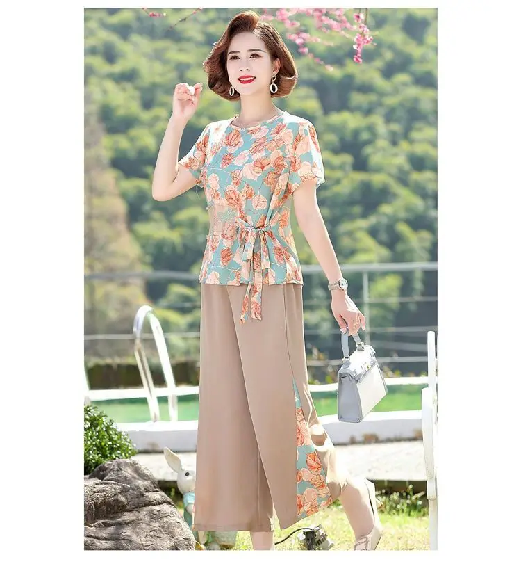 

Модный и тонкий женский шифоновый повседневный костюм среднего и пожилого возраста, новая рубашка и брюки для мамы, комплект из двух предметов