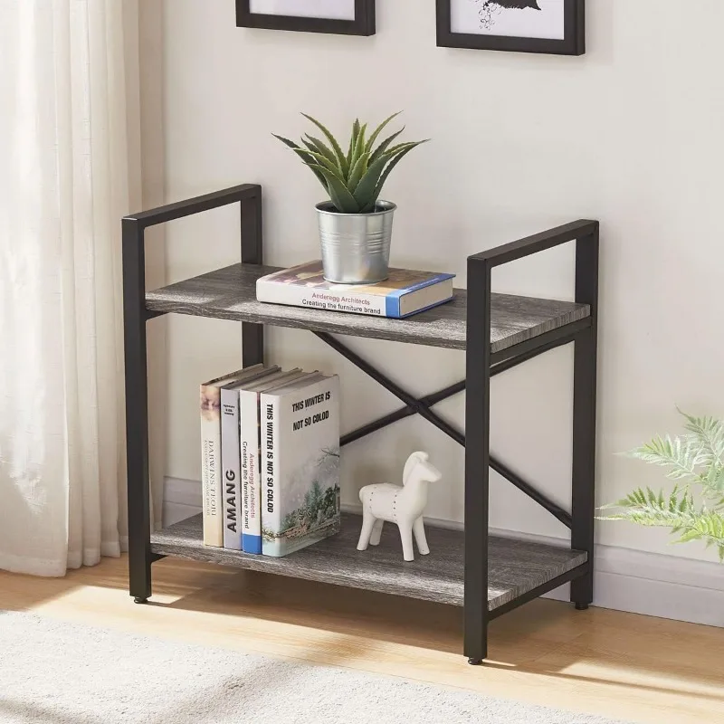 

BON AUGURE Small Bookshelf for Small Space 2 Shelf Low Metal Bookcase Industrial Two Tier Floor Book Shelf for Living Room