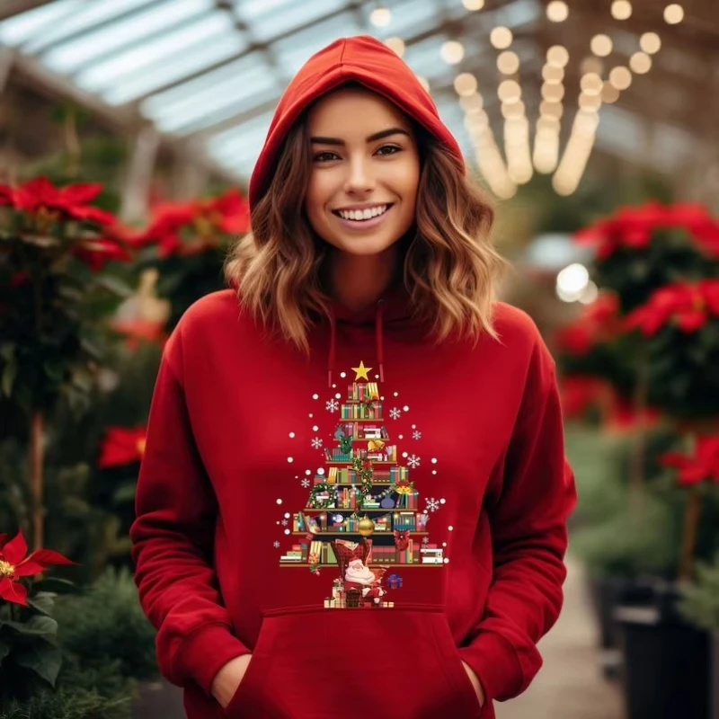 2026 new Autumn Winter Women Hooded Sweatshirt, Xmas Book Tree Santa Print Pullover Hoodie Christmas Festival Long Sleeve Tops