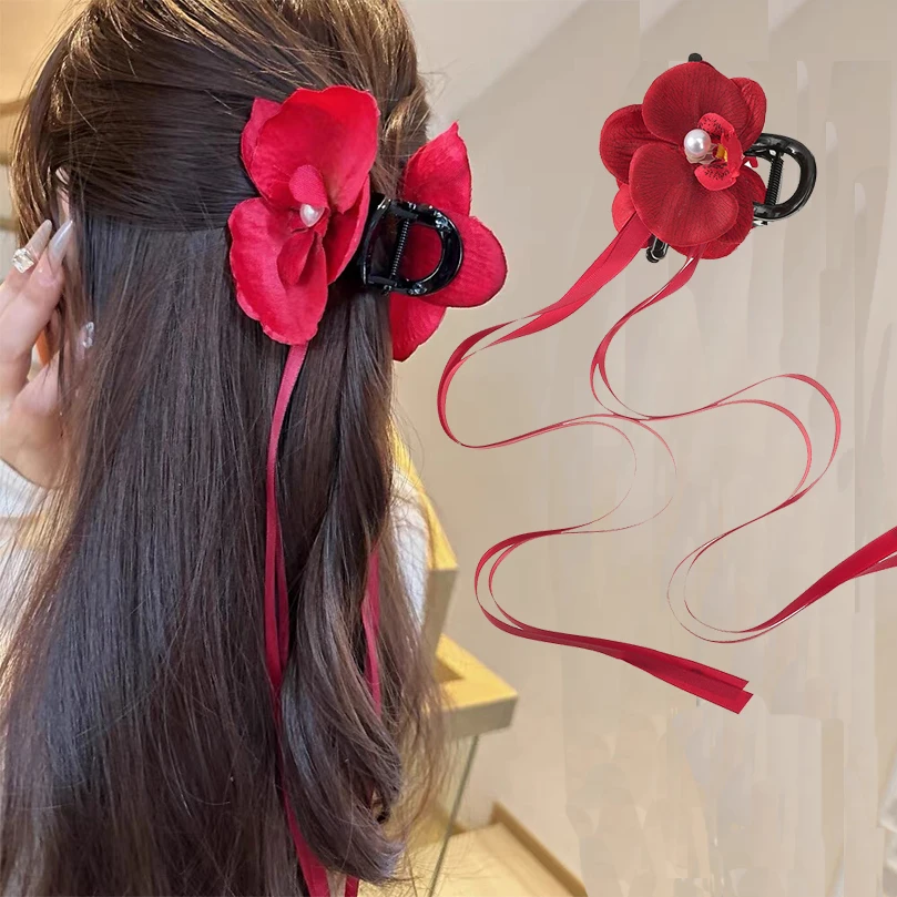 RED Phalaenopsis Orchid Long Ribbon Hair Claw Flower Shark Clip Women Fairy Flower Hairpin Headwear Hair Accessories