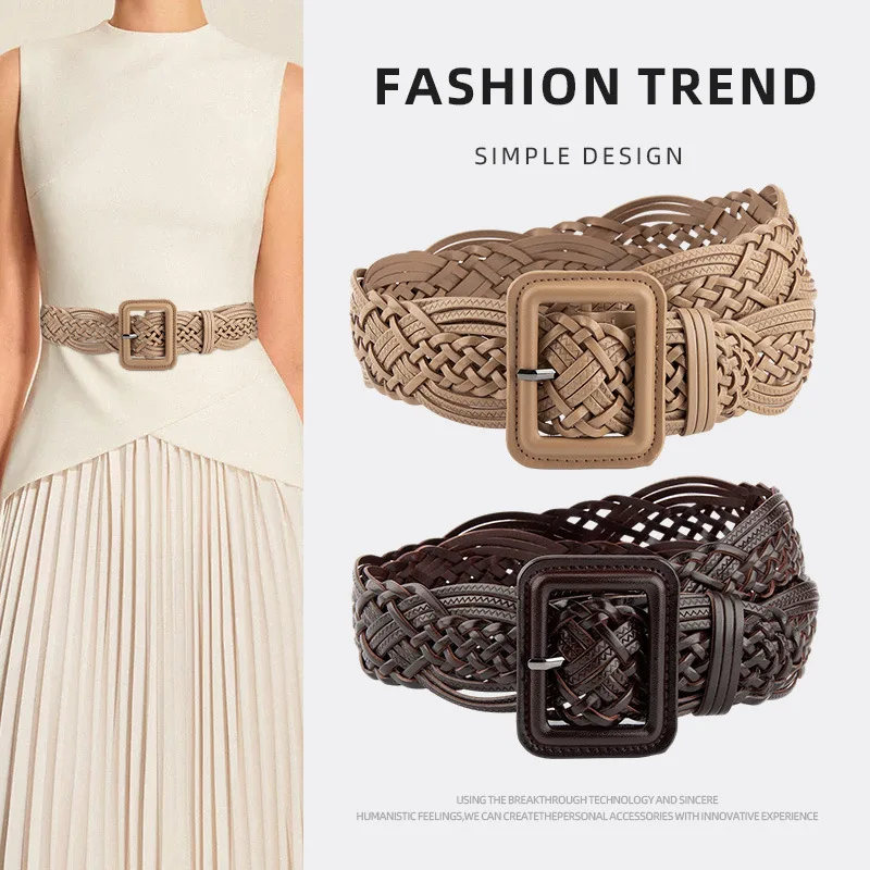 Fashion Women Wide Braided Faux Leather Waist Belt Square Full‑Wrapped Pin Buckle Woven Corset Belt For Casual Dress Outfit