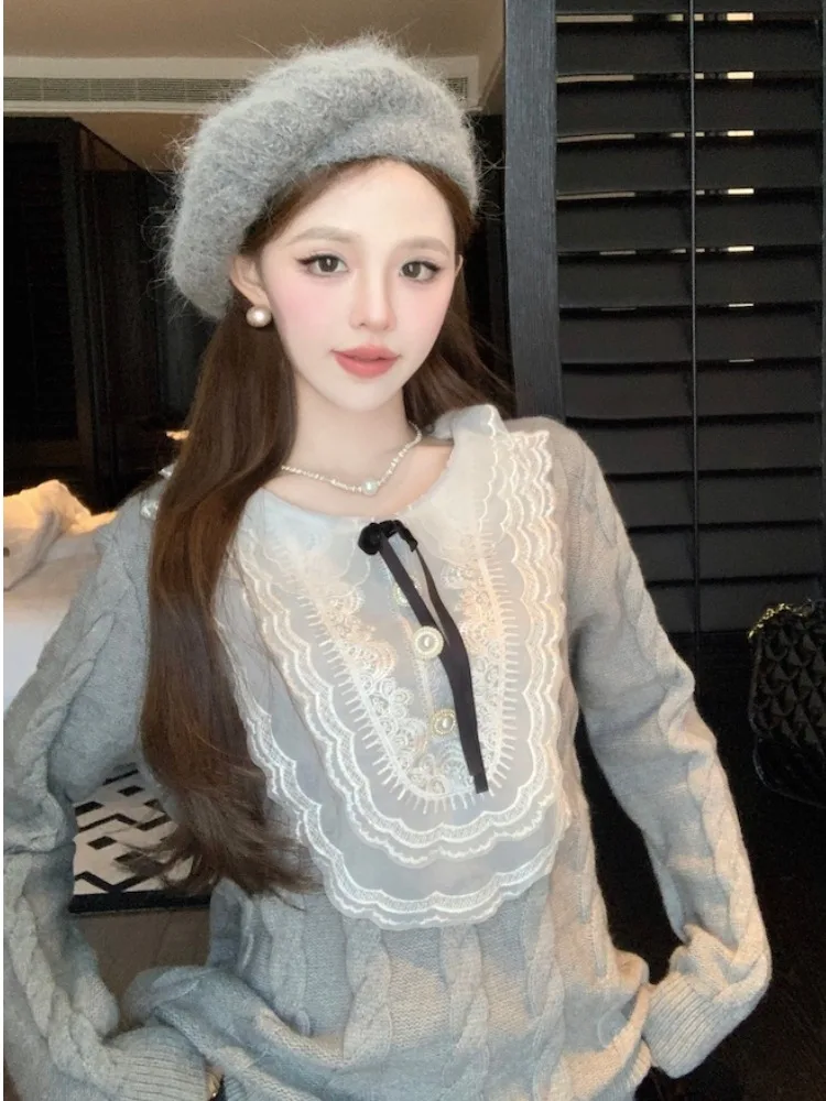 

Ladies Soft Lace Doll Collar Sweater Korean Style Autumn Winter New Fashion Twist Knitted Shirt Women's Fashion Casual Wear