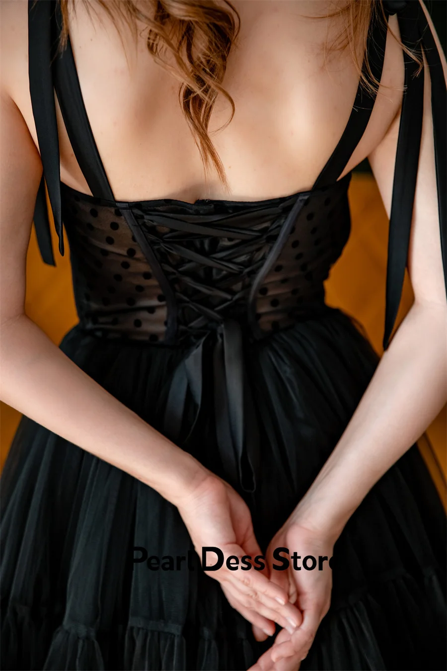 Women\'s Black Dotted Tulle Prom Dress with Thin Shoulder Straps and Lace Adjustable Back Long Evening Dress Graduation Dress