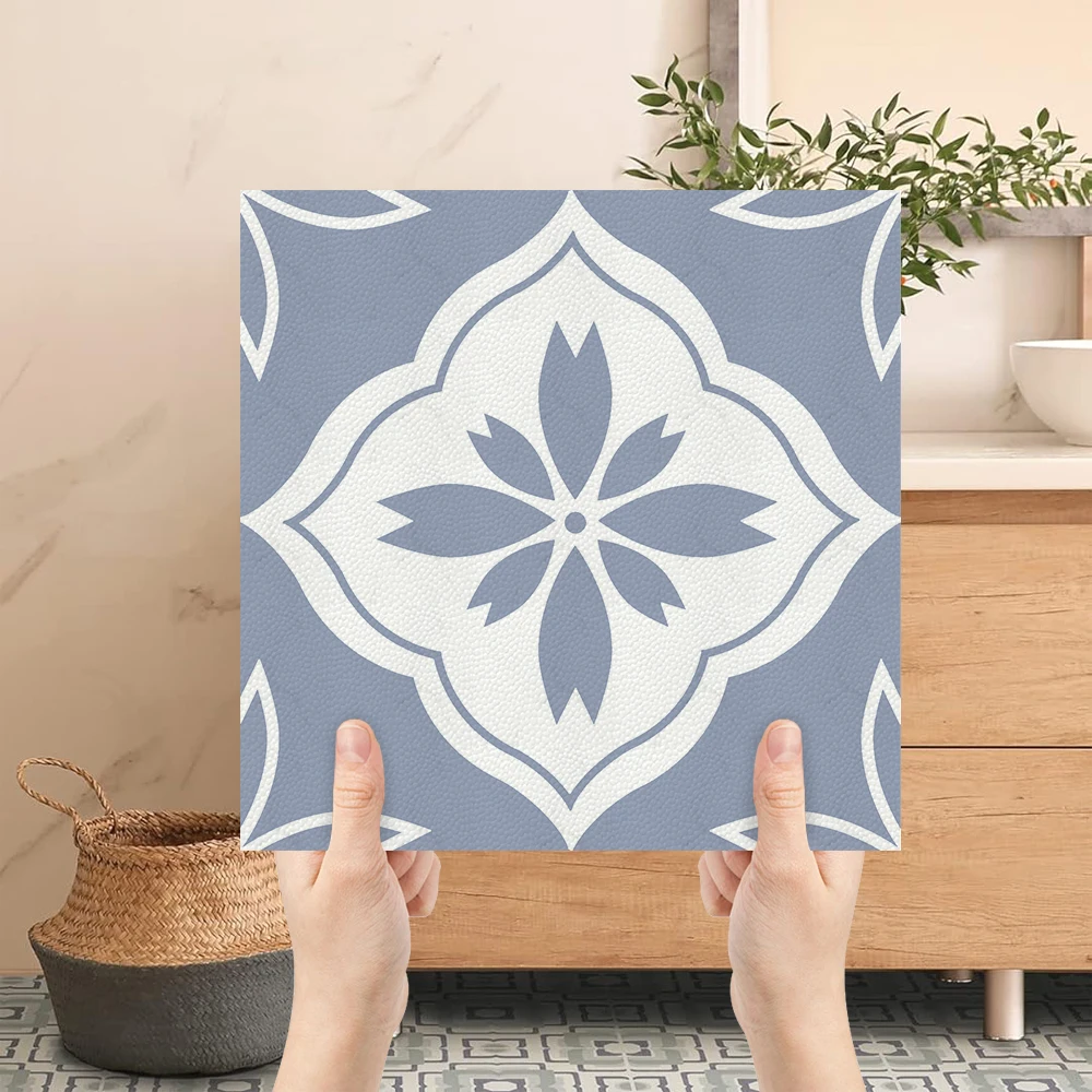 

10Pcs 30x30cm Blue Boho Floral Peel and Stick Floor Tiles, Waterproof Removable Vinyl Stickers for Kitchen Bathroom