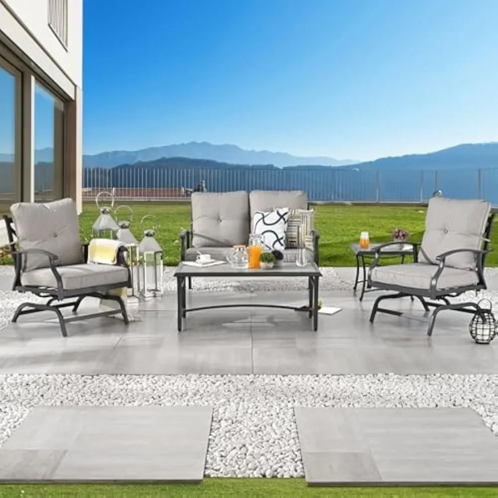 

5 Pieces Patio Conversation Set, 4 Metal Chairs & Tile-Top Side Table – Cushions Included, Grey Finish