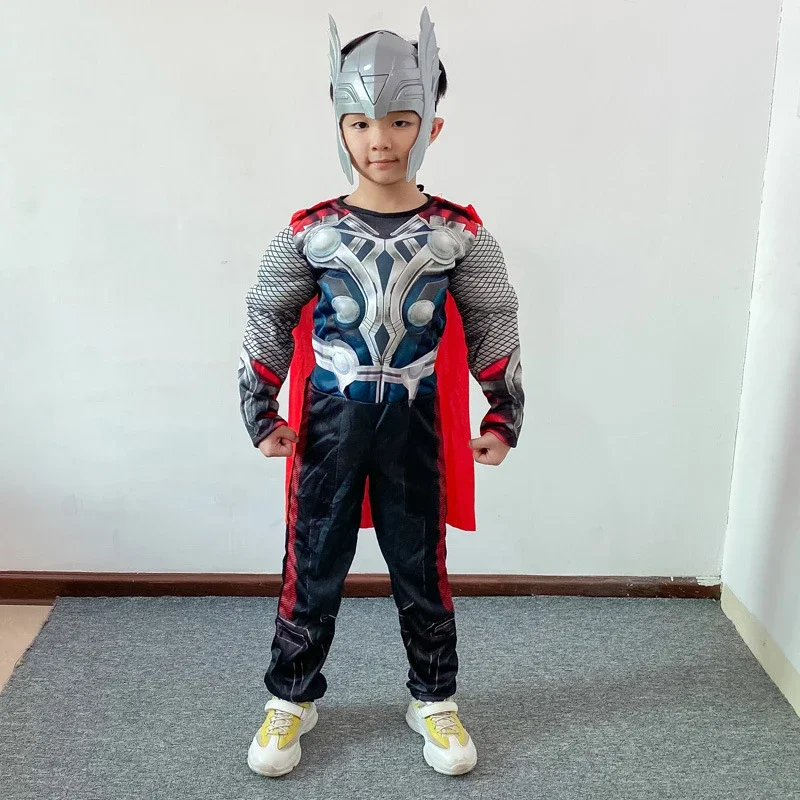 Halloween Carnival Clothes for Children Kids Thor Muscle Costume Superhero Thor Cosplay Muscle Costume Jumpsuit Mask Hammer