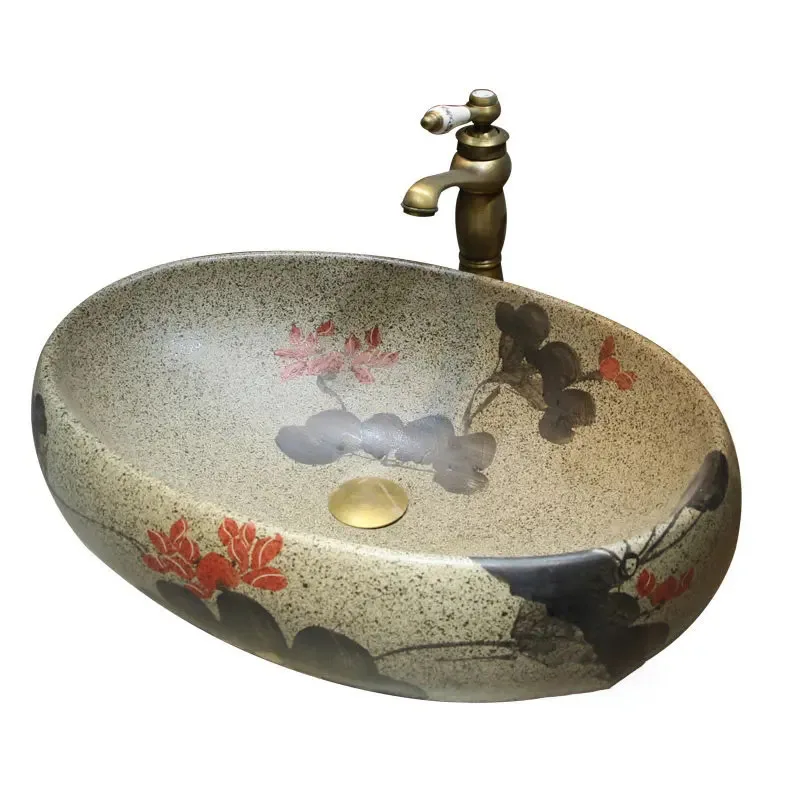 Retro Ceramic Bathroom Sinks Chinese-style Art Oval Washbasin Household Countertop Basin Outdoor Balcony Creative Single Basin