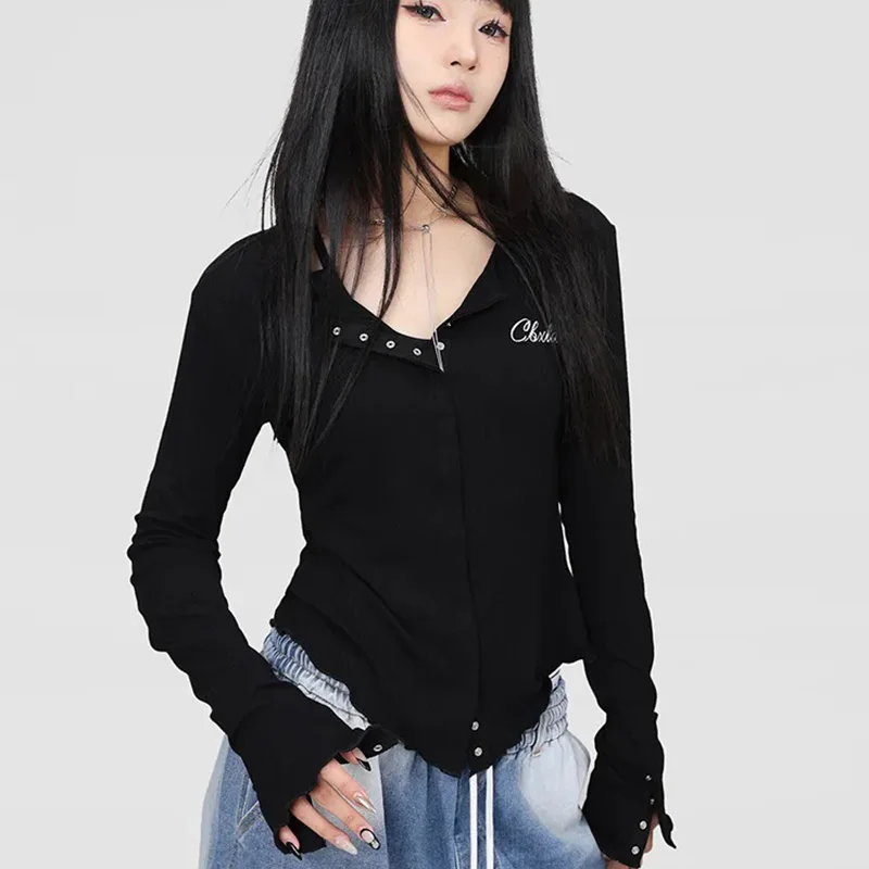 Embroidery Button Jazz Blouse Tops Women Long Sleeved Fashion Skinny Cropped Cardigan High Street Dance Chic Harajuku Streetwear