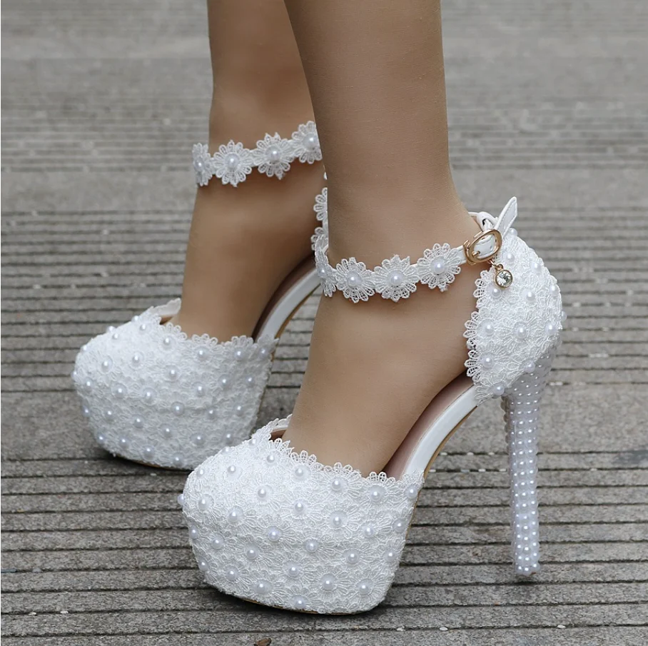 14cm white lace wedding shoes Women\'s round head platform shoes large size 40 41 high heels shoes bridal shoes flower beads pump