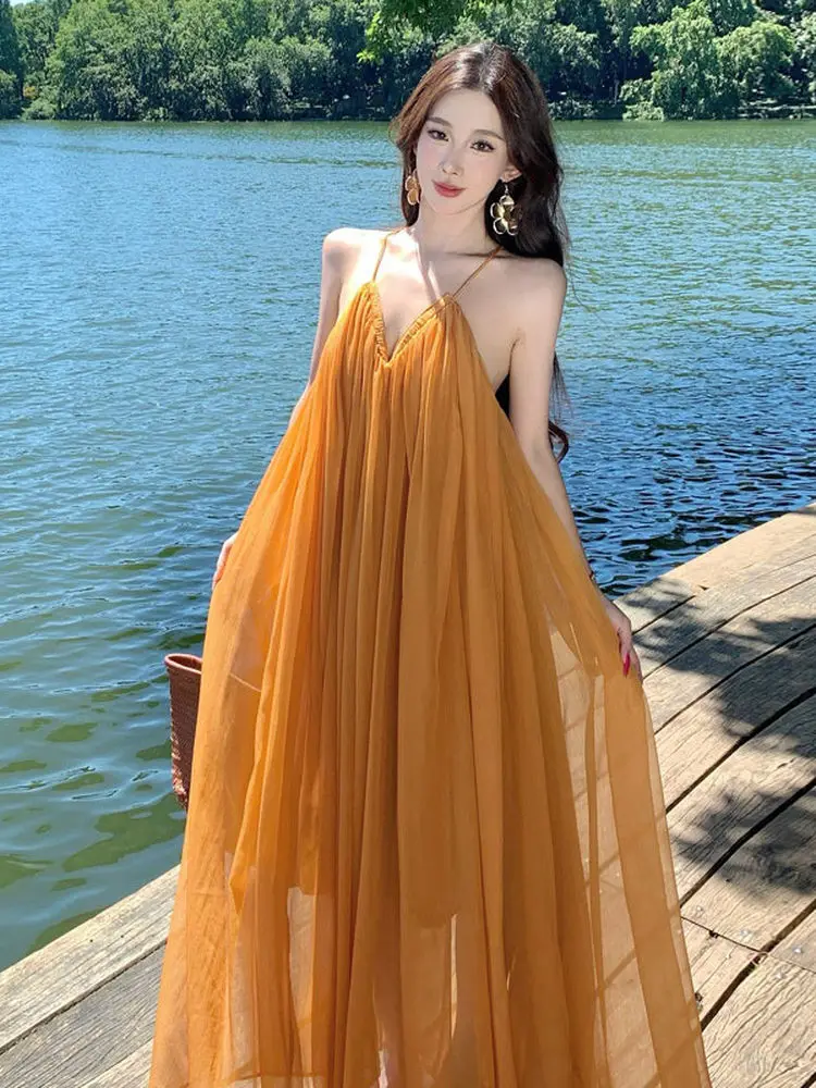 Beach Vaion Sle V-Ne Strapl Long Dr Ele Unique Fairy T Gonna Estate 2026 Abito a trapezio di lunghezza midi