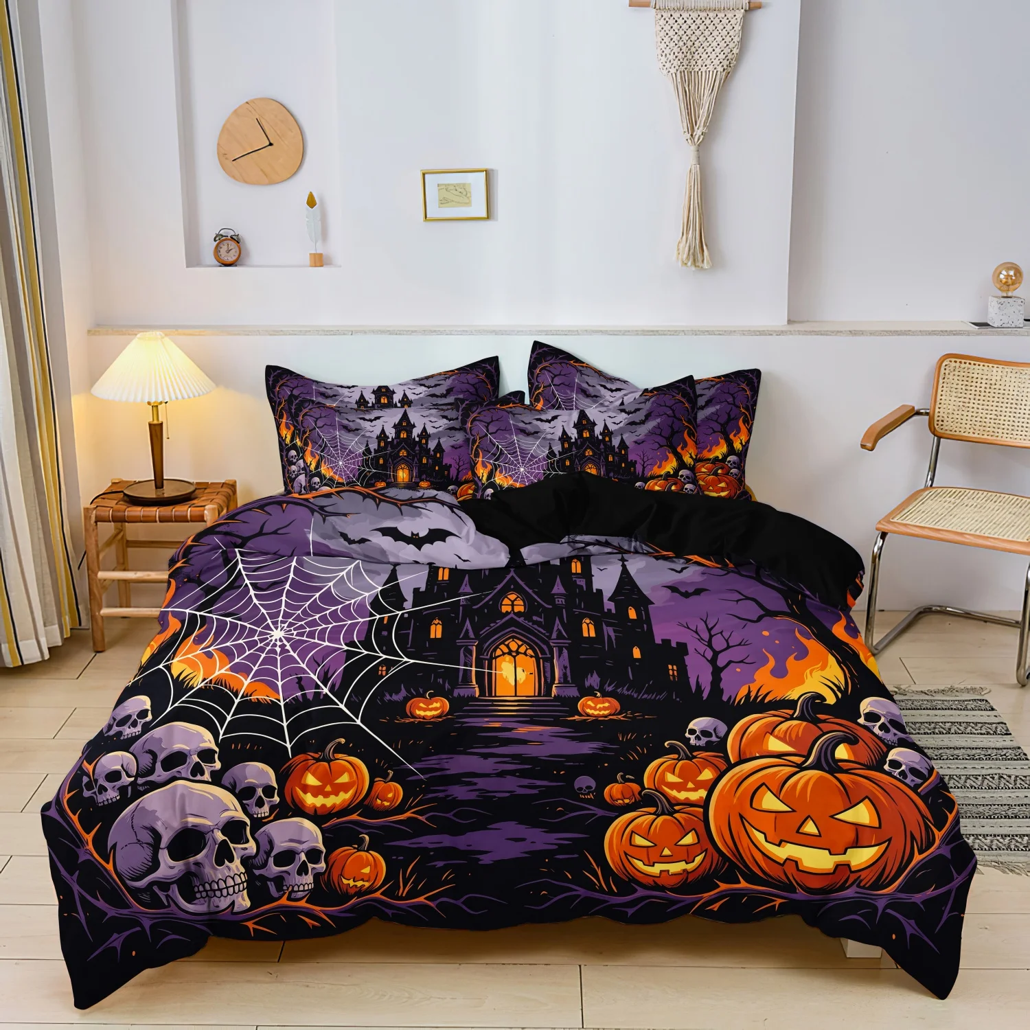 3 Pieces Halloween Gothic Bedding Duvet Cover Set, Purple Spooky Haunted Castle Pumpkin Skull Spider Web Bat Print Bedding