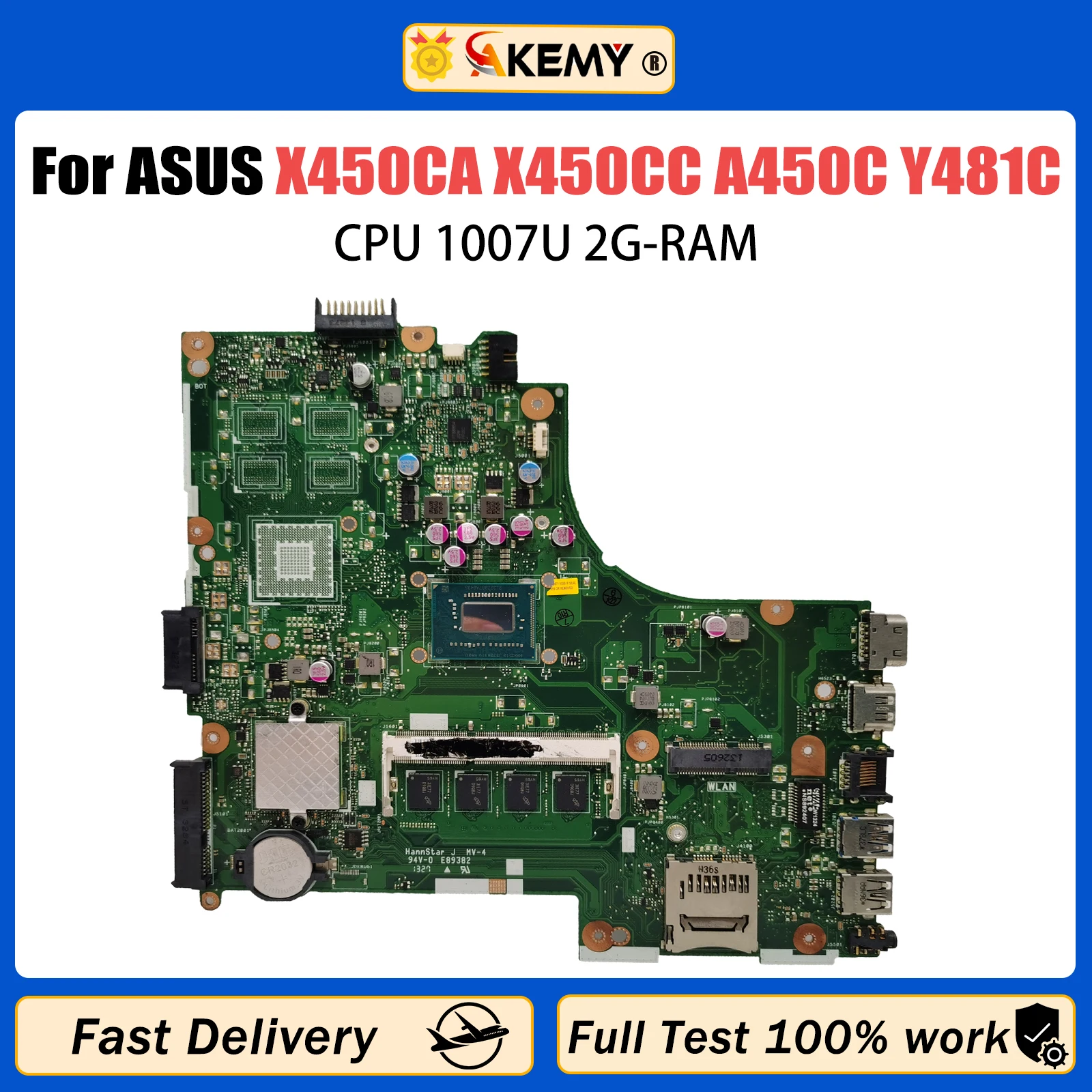 

AKEMY X450CA With CPU 1007U 2GB RAM Notebook Mainboard For Asus X450CC X450C A450C Y481C X450CA Laptop Motherboard