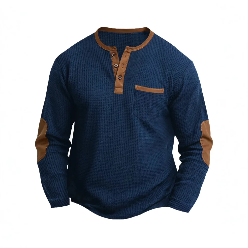 Mens Fashion Fake Two Piece Long Sleeve T Shirt V Neck Casual Slim Fit Tops Solid Color Layered Design Comfortable Pullover