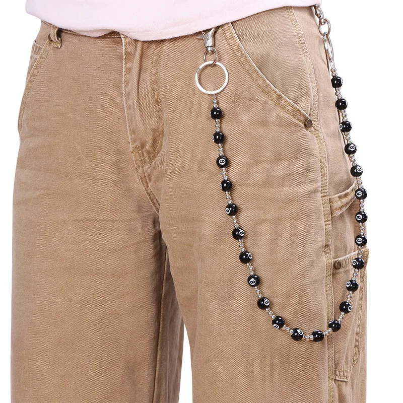 Black 8‑Ball Beaded Pants Chain Billiard Theme Waist Chain Y2K Punk Style Jeans Chain Unisex Hip‑Hop Street Fashion Accessory