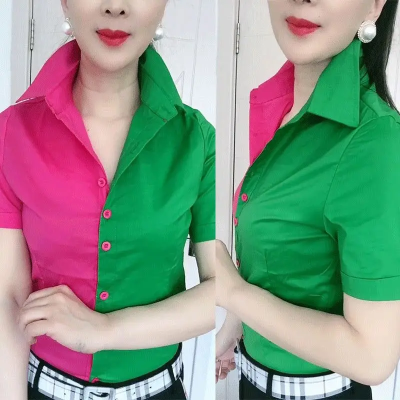 

Women Short Sleeve Summer Innerwear Slim Fit Color-blocked 2025 Korean Style New Top