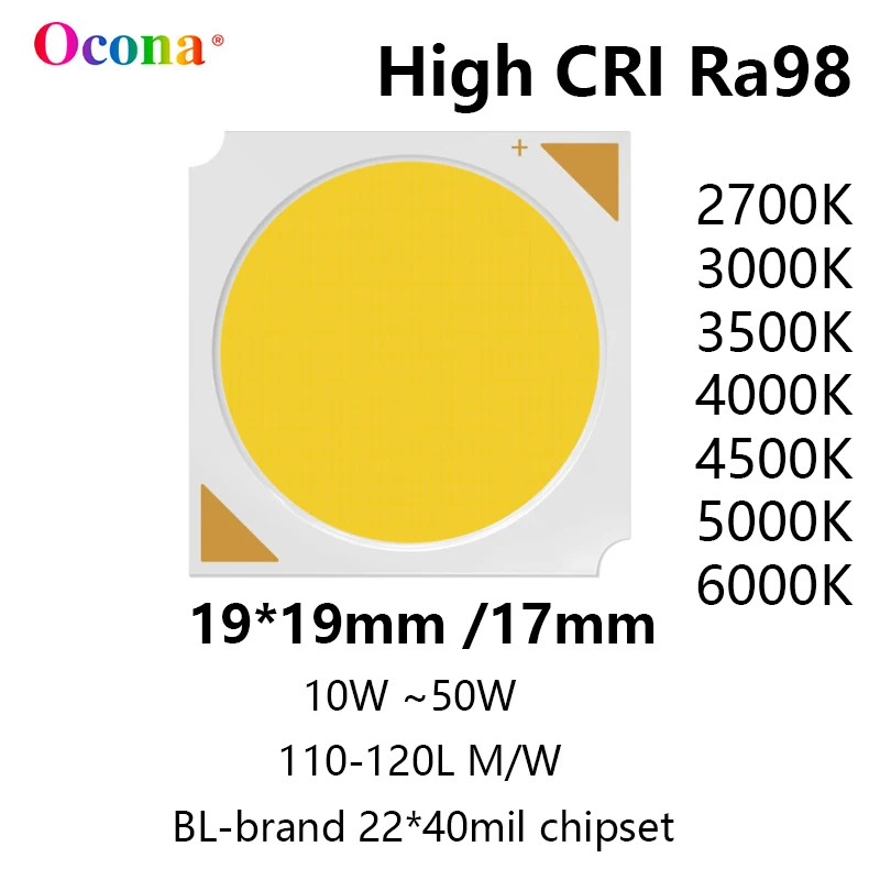 Wysoki CRI Ra98 COB LED Chip Array 030 SDCM3 19*19mm-17 10W 20W 30W 50W Ciepłe białe chipy Lampa SpotLight Downlight Akcesoria