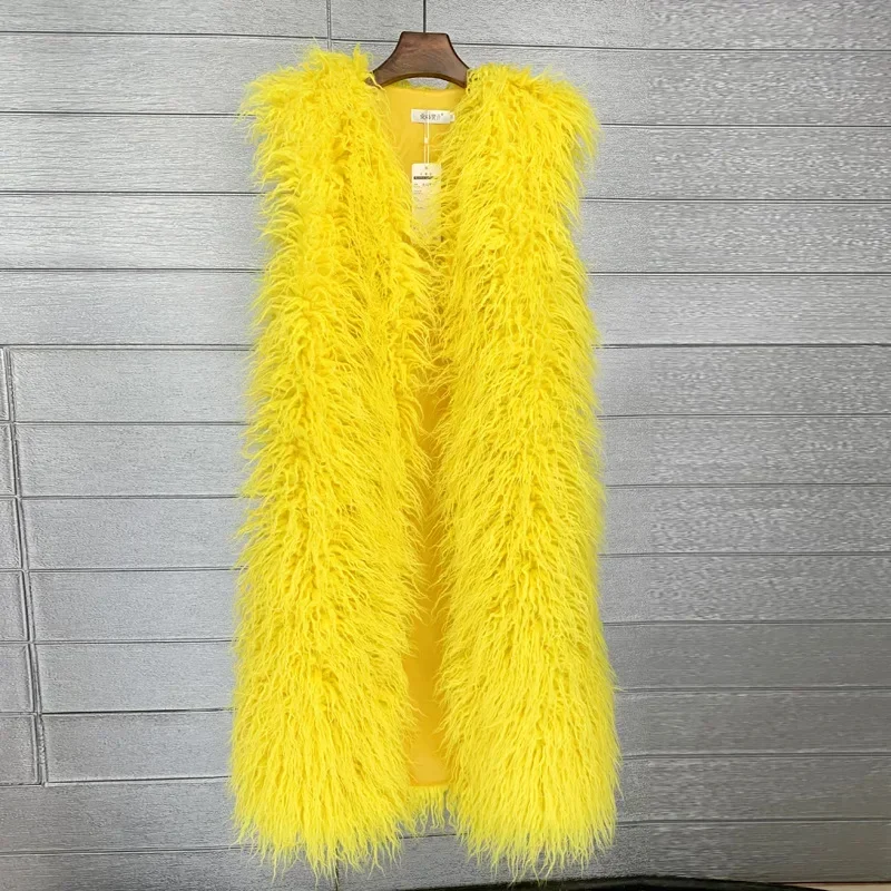 Faux Mongolia Sheep Fur Women Long Vest Colorful Warm Faux Fur Big Size Plush Coats Female Jacket Autumn Winter Furry Outerwear