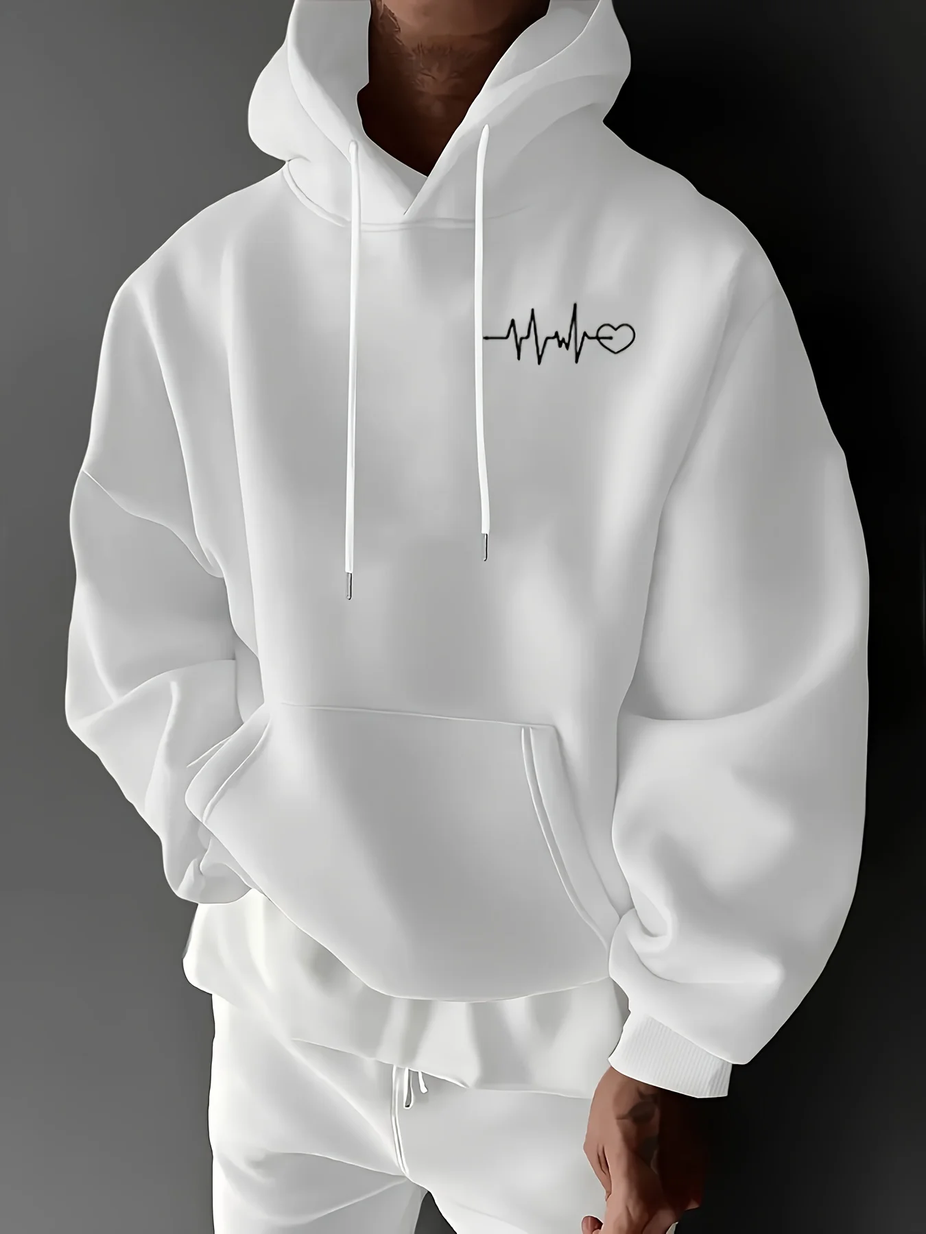 Moletom com capuz de lã estampado com ECG de batimento cardíaco, masculino, quente, para inverno, roupa esportiva, moletom casual folgado para treino,