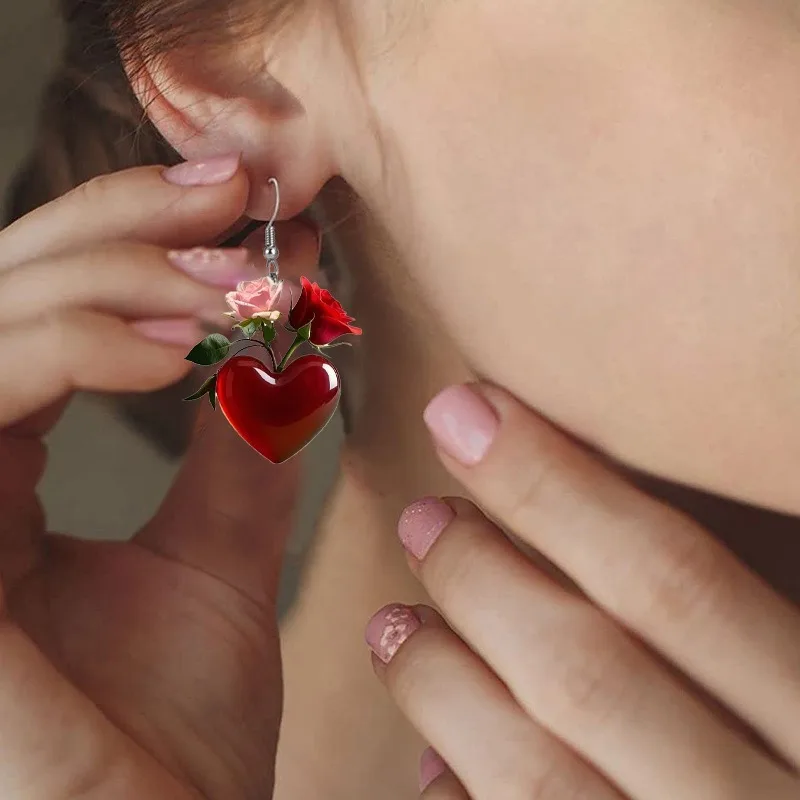 Elegant Valentine's Day Heart-shaped Earrings Sweet Red Rose Earrings Women's Holiday Party Accessories Valentine's Day Gift