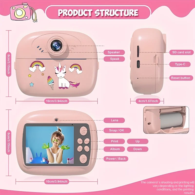 กล้องถ่ายรูปเด็กพร้อมพิมพ์ภาพทันที เครื่องพิมพ์ความร้อน กล้องวิดีโอแบบพกพา กล้องดิจิตอลอัจฉริยะเลนส์คู่ กล้องเซลฟี่ ของขวัญวันเกิดสำหรับเด็ก