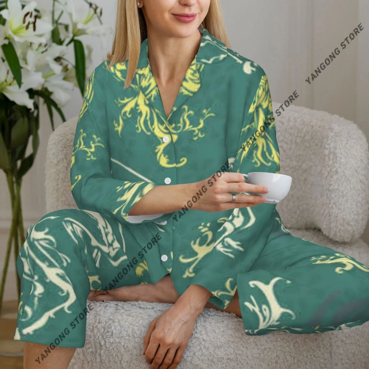 

Весенне-осенние брюки с длинными рукавами, пижамный комплект одежды для дома, женский свободный спальный костюм с узором медузы