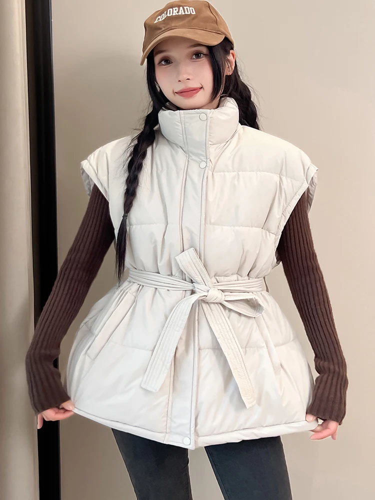 

Модный стеганый хлопковый жилет женский с завязками на талии, с отложным воротником, приталенный, для повседневной носки