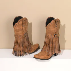 Women Vintage Ethnic Western Cowboy Boots Rivets 5cm Block Heel Boot Tassel Fringe Booties Lady Winter Gladiator Shoes 2025