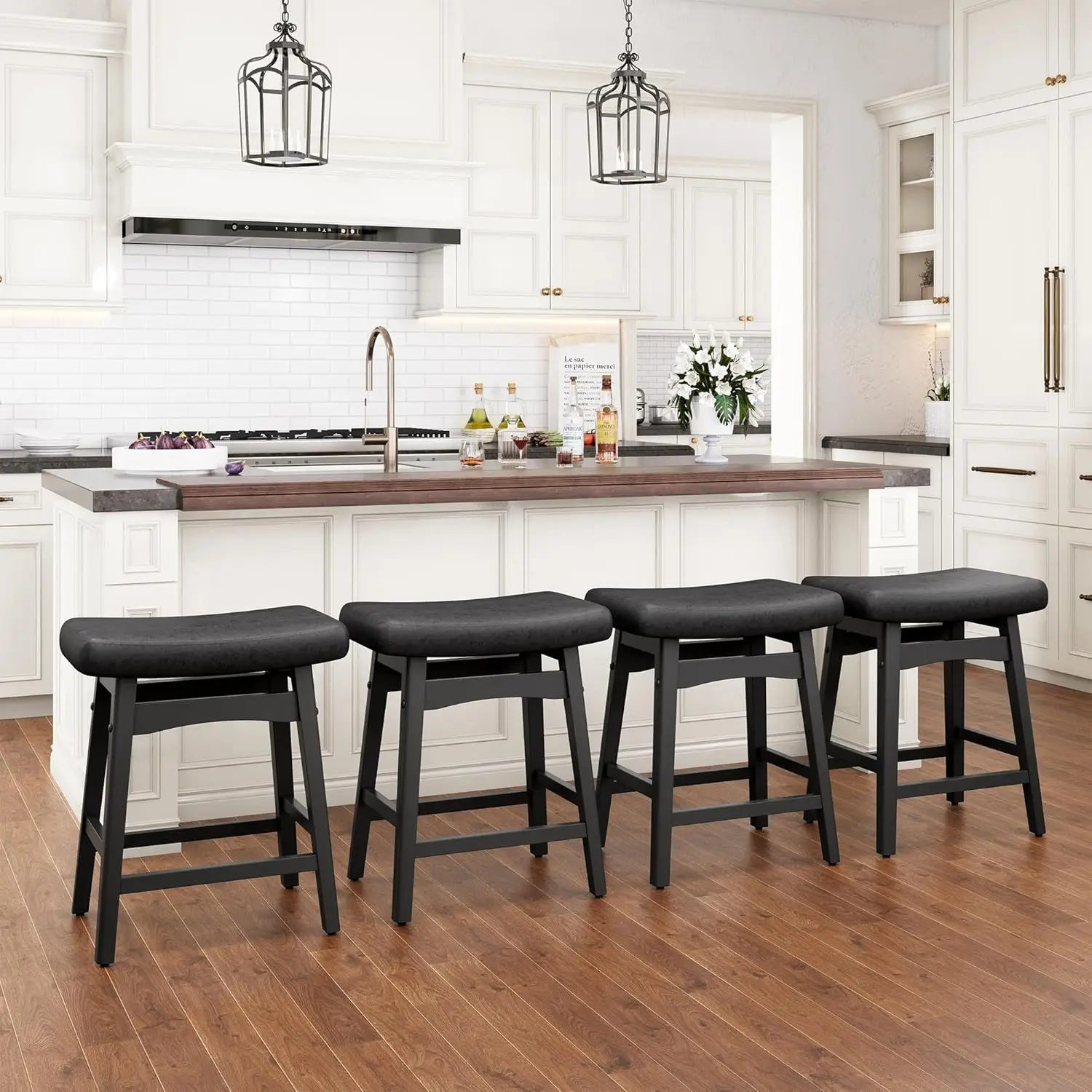 Counter Height Bar Stools Set of 4 - Farmhouse Style with Upholstered Seat and Solid Wood Legs