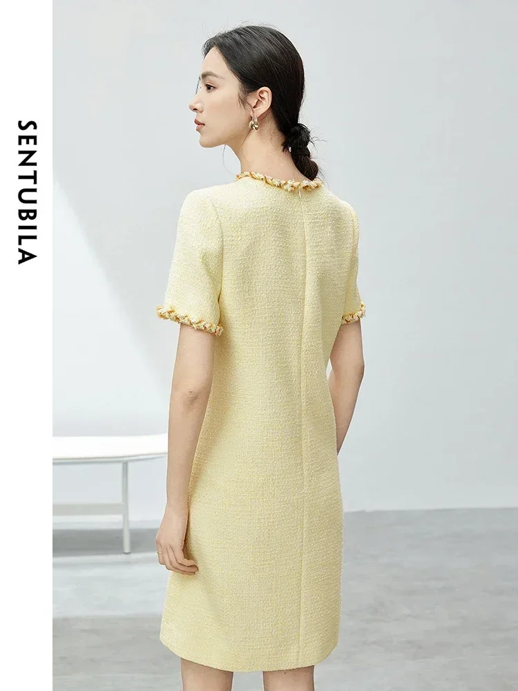 SENTUBILA Short Sleeve Tweed Dresses for Women 2024 Summer Elegant Socialite Fashion Contrast Round Neck Dress Woman 142L54213 - Image 2