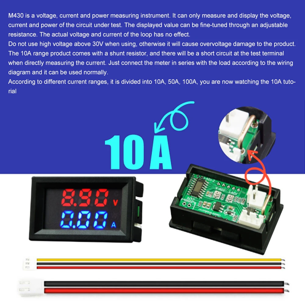 M430 DC 4-30V voltage current power meter 10A 50A 100A red blue measurement range 0-100V, with 0.56-inch LED digital display