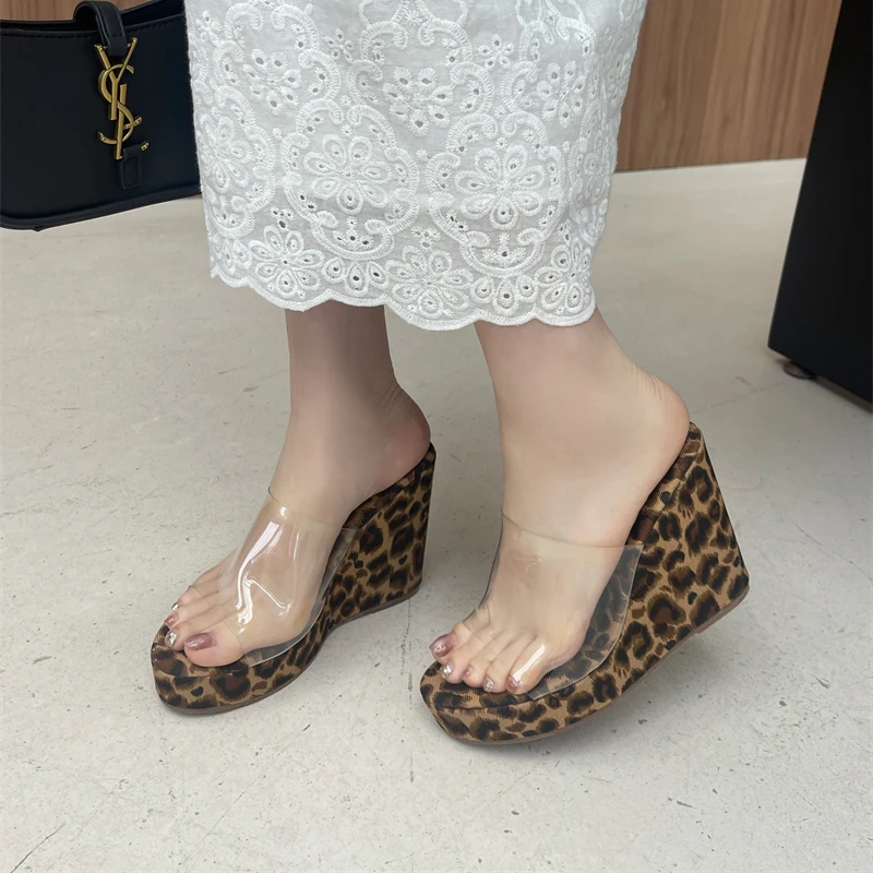 8cm and 11cm Wedges Platform Sandals Women Heeled Slippers PVC Clear Leopard Print High Heels Summer Shoes Casual Ladies Slipper