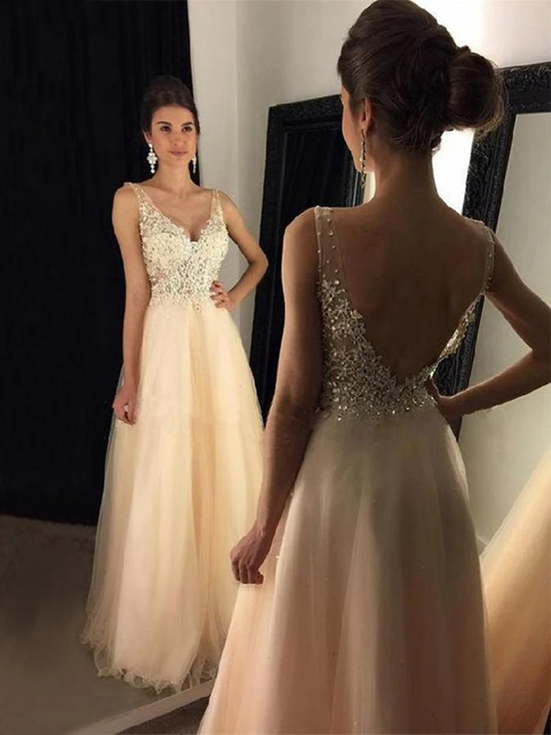 

Champagne V Neck Prom Dresses Appliques Tulle Sleeveless Floor Length graduation A-line Backless Formal Party Long Evening Gowns