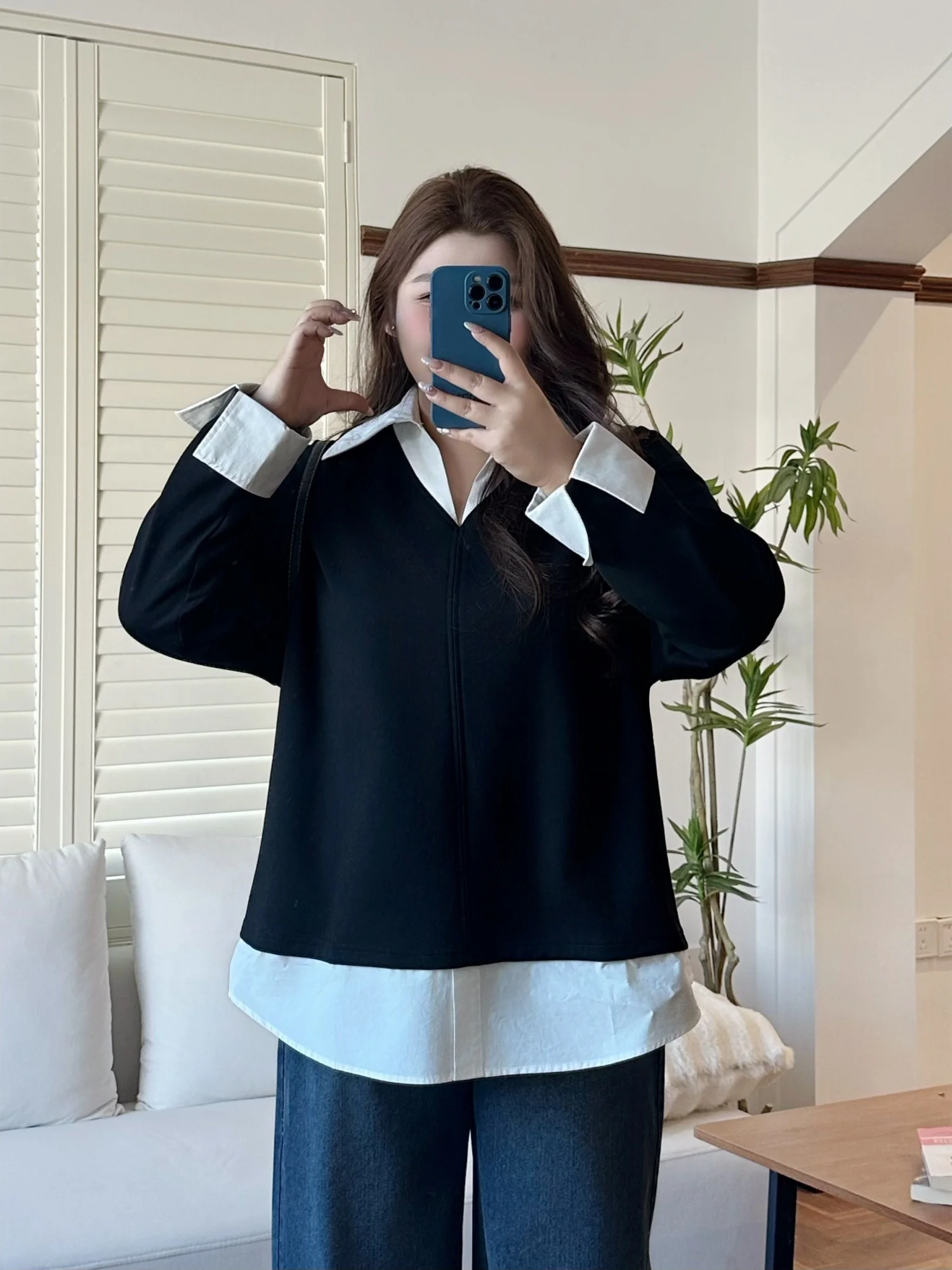 

Loose Casual Style V-Neck Color Block Shirt Spring New Arrival plus Size Women's Top Commute Friendly Standard Fit Long Sleeve