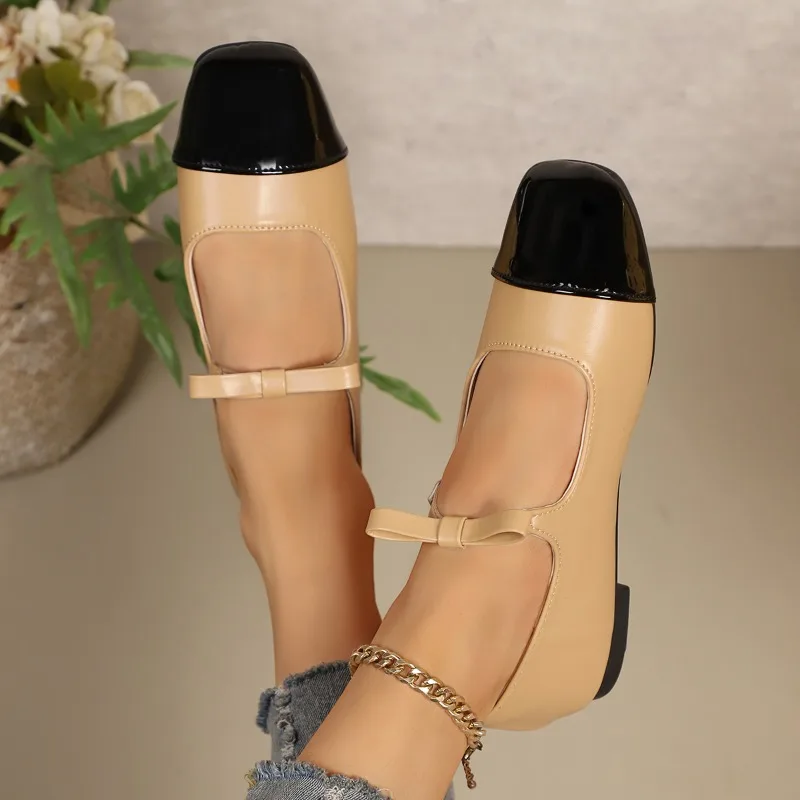 حذاء ماري جين فرنسي ريترو للنساء 2025 نمط جديد بفيونكة، مقدمة مربعة، كعب سميك، حذاء فردي عصري بفتحة ضحلة #4