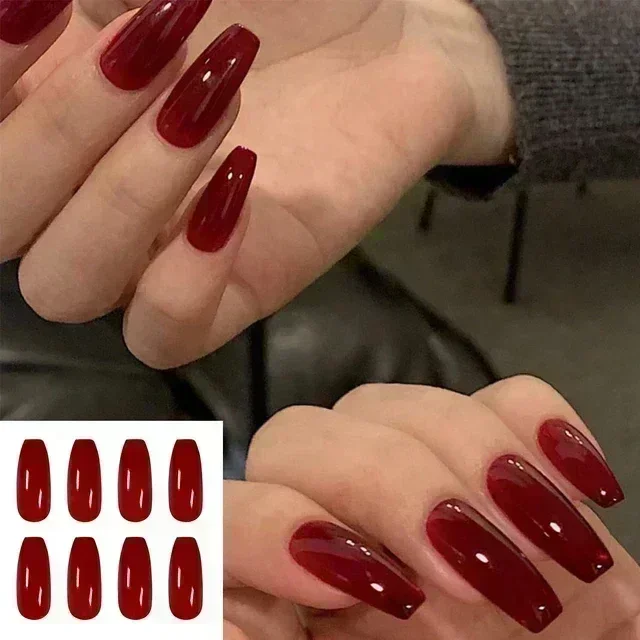 24 pçs/caixa longo stiletto unhas falsas com cola vermelho nu rosa branco milktea cor geléia unhas dicas cobertura completa imprensa em unhas