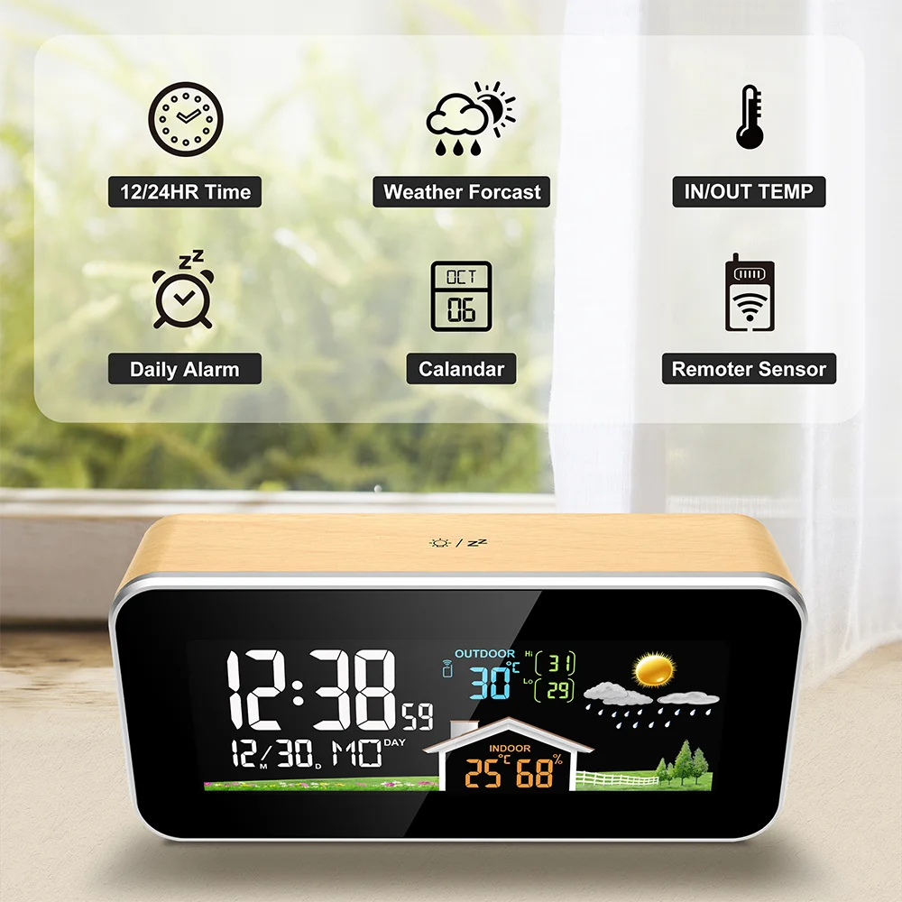 FanJu Weather Station Alarm Digital Clock Color Display DCF Electronic Meter Desktop Calendar Wireless Wall Thermometer Tool