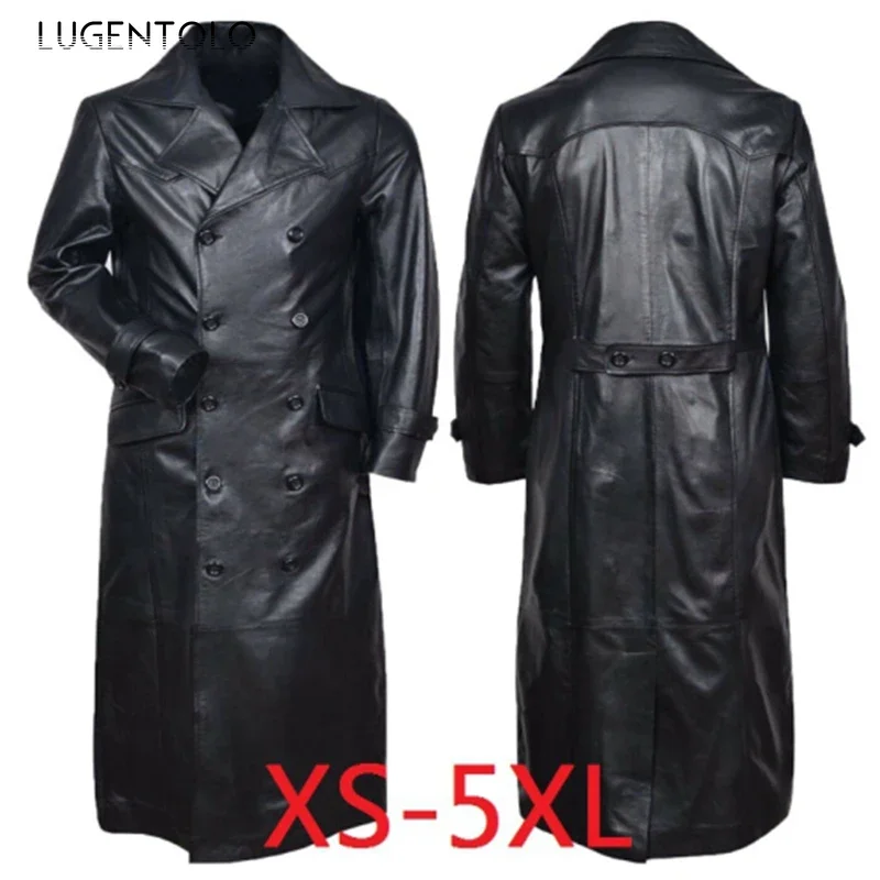 Men Moto Coat Faux Leather Black PU Large Size Double Breasted Lapel Jacket Loose Long Sleeve Autumn Winter Clothing