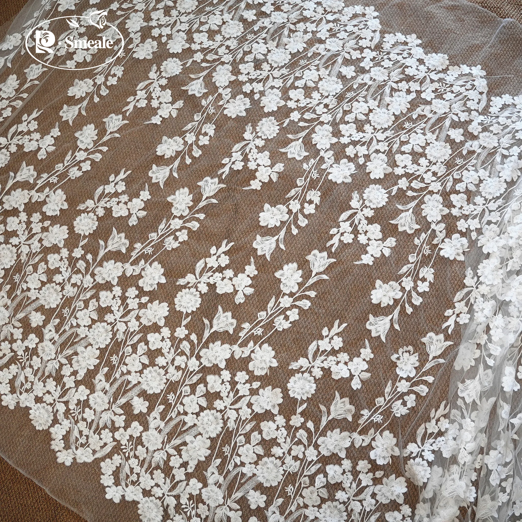 Hochwertiger Baumwollfaden mit Blumenstickerei, französischer Spitzenstoff, handgefertigter DIY-Stoff für Hochzeitsschleier und Nähzubehör – Detail 4