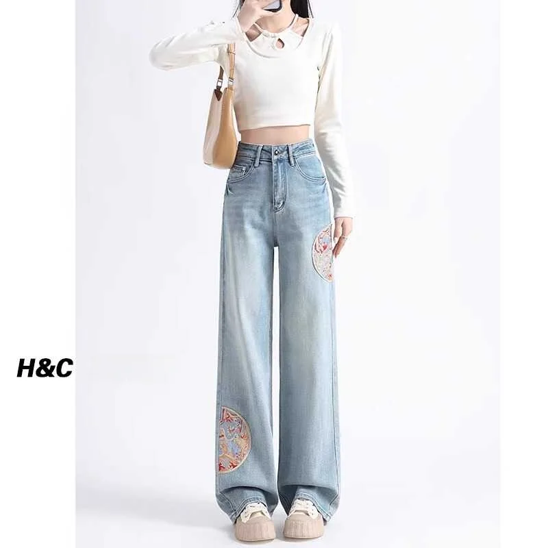 

New Chinese Style National Trend Embroidered Wide Leg Jeans Women's plus Size High Waist Slim Loose Floor Length Narrow Versi...